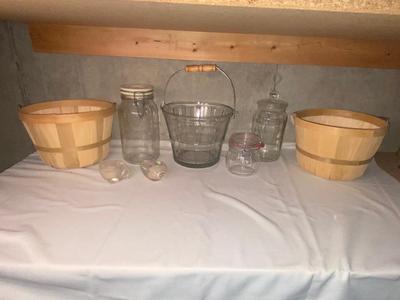 GLASS ICE BUCKET AND CANISTERS PLUS 2 BUSHEL BASKETS