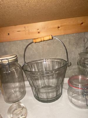 GLASS ICE BUCKET AND CANISTERS PLUS 2 BUSHEL BASKETS