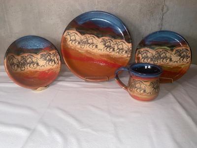 COMPLETE 4 PLACE SETTING OF ALWAYS AZUL POTTERY DINNERWARE
