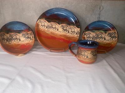 COMPLETE 4 PLACE SETTING OF ALWAYS AZUL POTTERY DINNERWARE