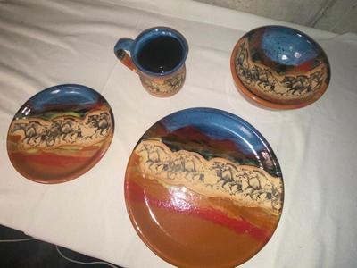 COMPLETE 4 PLACE SETTING OF ALWAYS AZUL POTTERY DINNERWARE