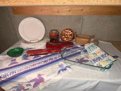 LONGBERGER BASKET , COPPER MOLD, IRON MOOSE CANDLE HOLDER, 8 DINNER PLATES, TABLE CLOTH WITH LIKE OVEN MIT, GORHAM KNIFE & PIE SERVER...