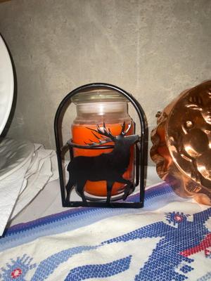 LONGBERGER BASKET , COPPER MOLD, IRON MOOSE CANDLE HOLDER, 8 DINNER PLATES, TABLE CLOTH WITH LIKE OVEN MIT, GORHAM KNIFE & PIE SERVER...