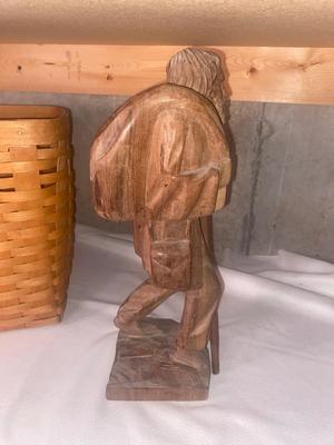 HAND CARVED FOLK ART AND LONGABERGER BASKET