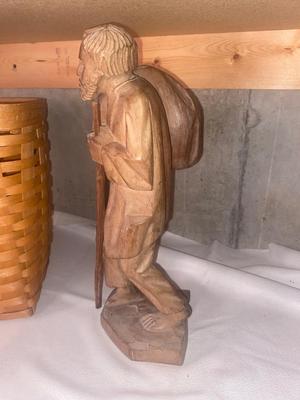 HAND CARVED FOLK ART AND LONGABERGER BASKET