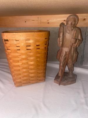 HAND CARVED FOLK ART AND LONGABERGER BASKET
