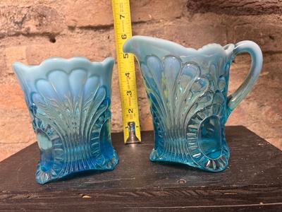 Sale Photo Thumbnail #21: Blue opalescent fan creamer and sugar (chipped on the base) and tall hobnail cream and sugar - probably Fenton.