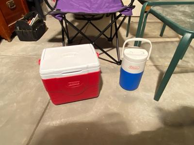 PATIO TABLES, COOLERS, FOLDING CHAIR