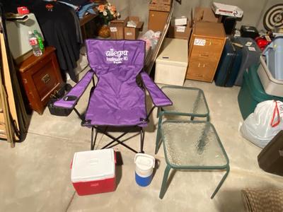 PATIO TABLES, COOLERS, FOLDING CHAIR
