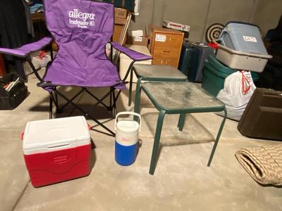 PATIO TABLES, COOLERS, FOLDING CHAIR