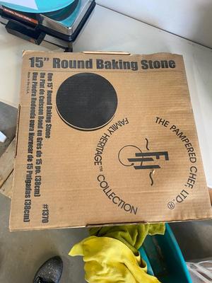 LARGER CROCK POT AND PAMPERED CHEF ROUND BAKING STONE & TIN CAN