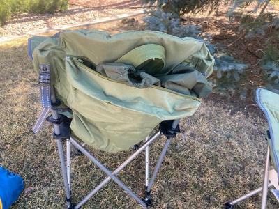 VERY KUSH LAWN CHAIRS, STYROFOAM COOLER AND SLEEPING BAG