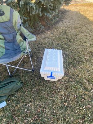 VERY KUSH LAWN CHAIRS, STYROFOAM COOLER AND SLEEPING BAG