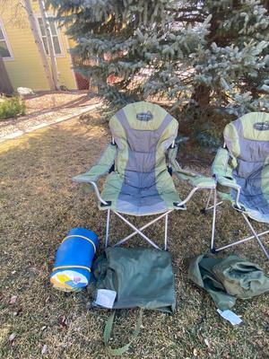 VERY KUSH LAWN CHAIRS, STYROFOAM COOLER AND SLEEPING BAG