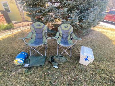 VERY KUSH LAWN CHAIRS, STYROFOAM COOLER AND SLEEPING BAG