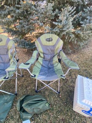 VERY KUSH LAWN CHAIRS, STYROFOAM COOLER AND SLEEPING BAG