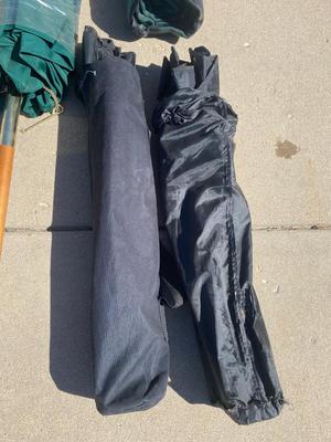 PATIO UMBRELLA AND STAND, TWO LAWN CHAIRS, NRA-ILA BLANKET