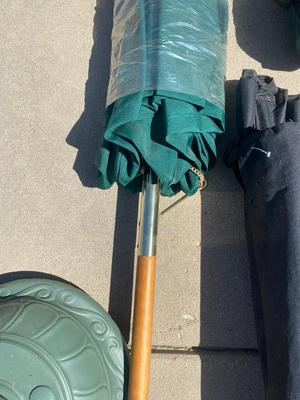 PATIO UMBRELLA AND STAND, TWO LAWN CHAIRS, NRA-ILA BLANKET