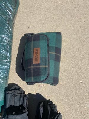 PATIO UMBRELLA AND STAND, TWO LAWN CHAIRS, NRA-ILA BLANKET