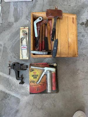 HAND TOOLS, GREASE GUN, SMALL BENCH VISE AND MORE