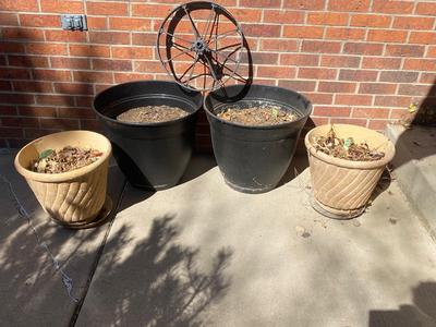 OUTDOOR PLANTERS AND OLD SPOKED WHEEL