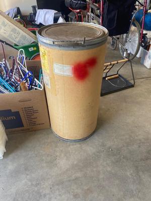 A TON OF HANGERS, CARDBOARD BARREL, AND ORGANIZING TOTES