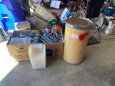 A TON OF HANGERS, CARDBOARD BARREL, AND ORGANIZING TOTES