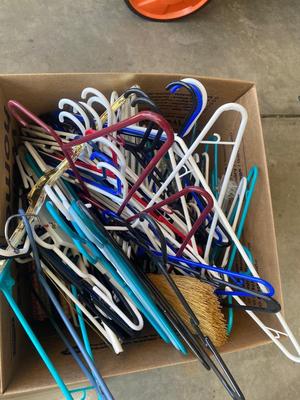 A TON OF HANGERS, CARDBOARD BARREL, AND ORGANIZING TOTES