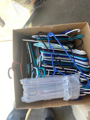 A TON OF HANGERS, CARDBOARD BARREL, AND ORGANIZING TOTES