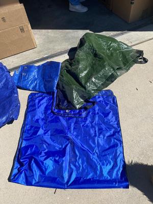WEATHER WINDSHIELD COVER, 2 BLUE TARPS AND 1 BIG GREEN TARP BAG