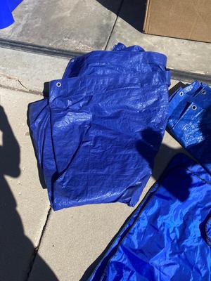 WEATHER WINDSHIELD COVER, 2 BLUE TARPS AND 1 BIG GREEN TARP BAG