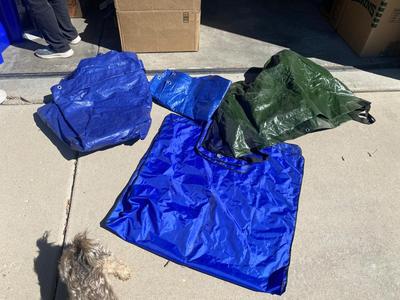 WEATHER WINDSHIELD COVER, 2 BLUE TARPS AND 1 BIG GREEN TARP BAG