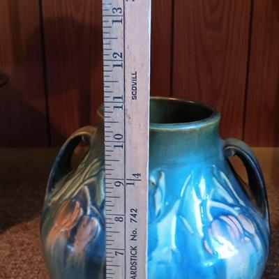 LOT 2: Roseville Pottery Baneda Green Vase w/ Metal-Legged Table