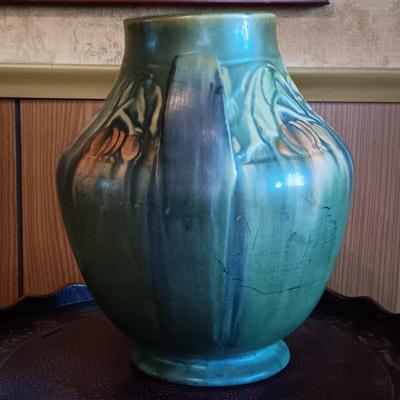 LOT 2: Roseville Pottery Baneda Green Vase w/ Metal-Legged Table