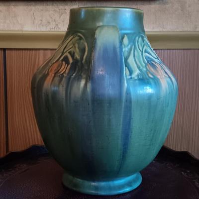 LOT 2: Roseville Pottery Baneda Green Vase w/ Metal-Legged Table