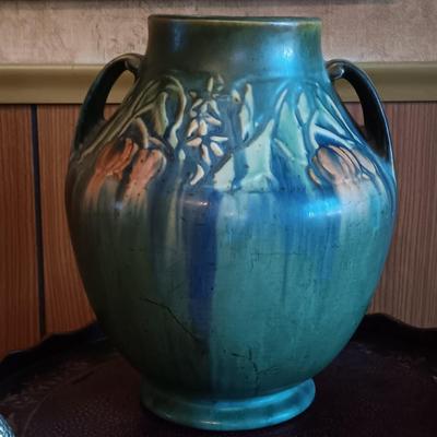 LOT 2: Roseville Pottery Baneda Green Vase w/ Metal-Legged Table