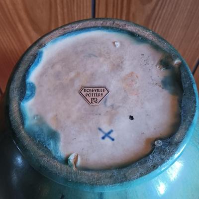 LOT 2: Roseville Pottery Baneda Green Vase w/ Metal-Legged Table