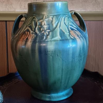 LOT 2: Roseville Pottery Baneda Green Vase w/ Metal-Legged Table