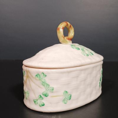 LOT 17: Belleek Shamrock Honey Pot Music Box, Trinket Music Box and Pitcher with Vintage Embroidery, Carrighdhoun Pottery & More