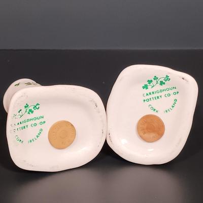 LOT 17: Belleek Shamrock Honey Pot Music Box, Trinket Music Box and Pitcher with Vintage Embroidery, Carrighdhoun Pottery & More