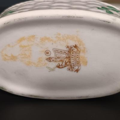 LOT 17: Belleek Shamrock Honey Pot Music Box, Trinket Music Box and Pitcher with Vintage Embroidery, Carrighdhoun Pottery & More