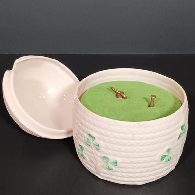 LOT 17: Belleek Shamrock Honey Pot Music Box, Trinket Music Box and Pitcher with Vintage Embroidery, Carrighdhoun Pottery & More