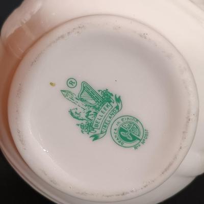 LOT 17: Belleek Shamrock Honey Pot Music Box, Trinket Music Box and Pitcher with Vintage Embroidery, Carrighdhoun Pottery & More