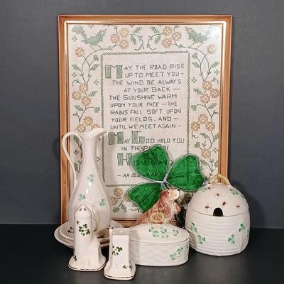 LOT 17: Belleek Shamrock Honey Pot Music Box, Trinket Music Box and Pitcher with Vintage Embroidery, Carrighdhoun Pottery & More
