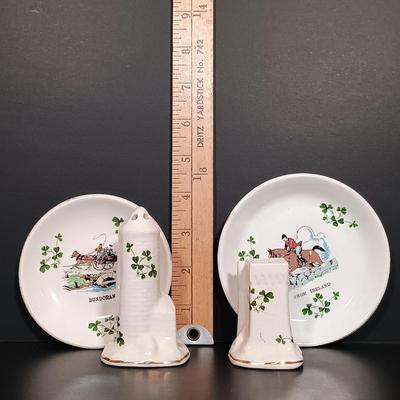 LOT 17: Belleek Shamrock Honey Pot Music Box, Trinket Music Box and Pitcher with Vintage Embroidery, Carrighdhoun Pottery & More