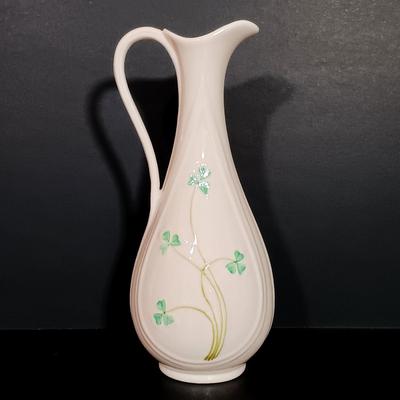 LOT 17: Belleek Shamrock Honey Pot Music Box, Trinket Music Box and Pitcher with Vintage Embroidery, Carrighdhoun Pottery & More