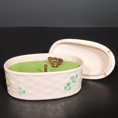 LOT 17: Belleek Shamrock Honey Pot Music Box, Trinket Music Box and Pitcher with Vintage Embroidery, Carrighdhoun Pottery & More