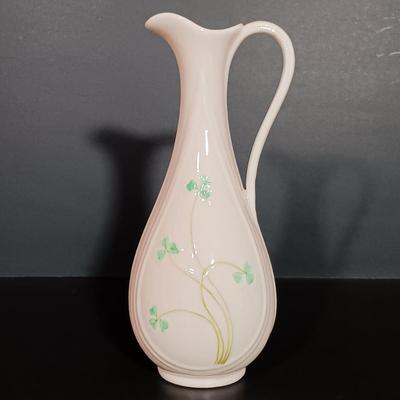 LOT 17: Belleek Shamrock Honey Pot Music Box, Trinket Music Box and Pitcher with Vintage Embroidery, Carrighdhoun Pottery & More