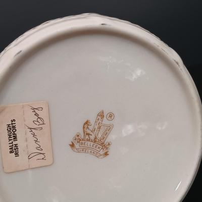 LOT 17: Belleek Shamrock Honey Pot Music Box, Trinket Music Box and Pitcher with Vintage Embroidery, Carrighdhoun Pottery & More
