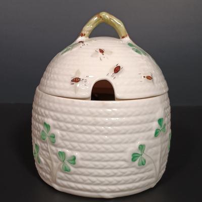 LOT 17: Belleek Shamrock Honey Pot Music Box, Trinket Music Box and Pitcher with Vintage Embroidery, Carrighdhoun Pottery & More